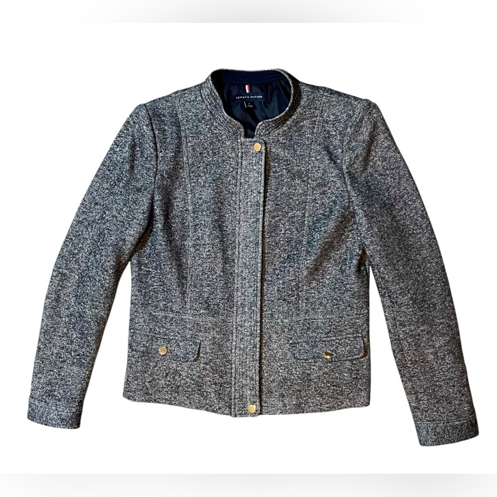 Tommy Hilfiger Navy Gray Marled Elbow Patch Military Style Jacket Size 12 - Picture 1 of 4